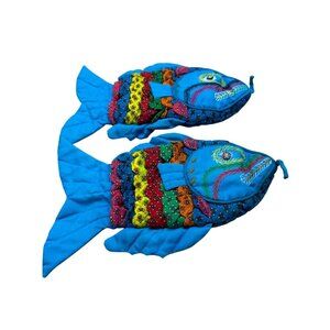 Colorful Fish Shaped Quilted Potholders By David E. Glatt set of 2 colorful blue